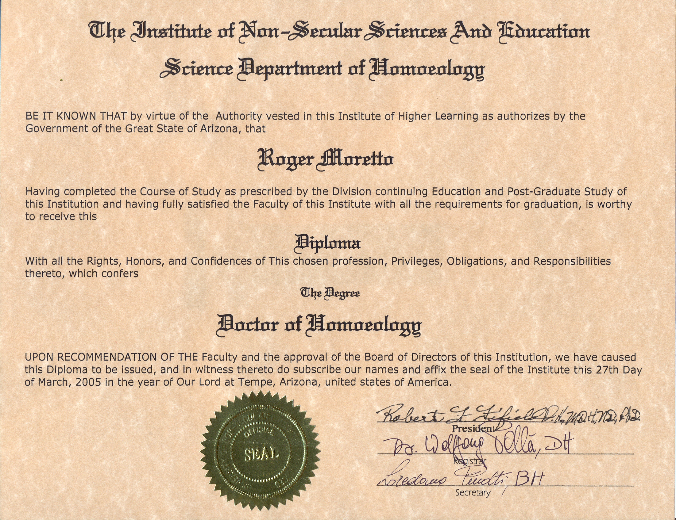 Roger Moretto Diploma science department of homoeology